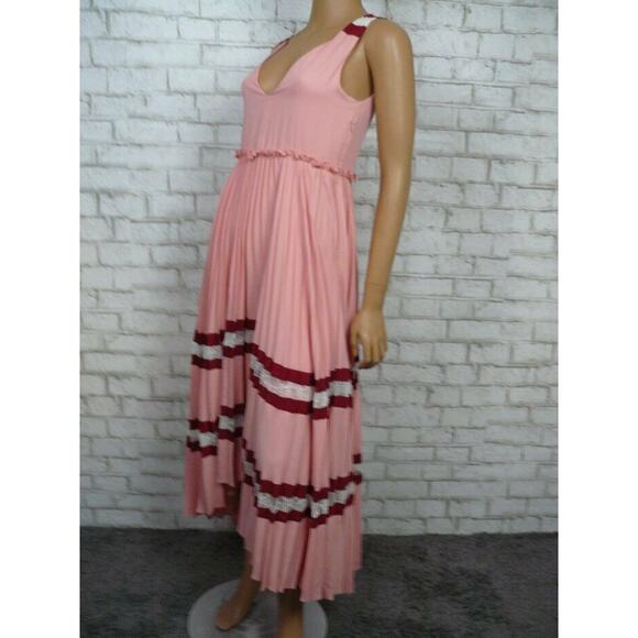 $570 Maje Pink Burgundy Lace Inset Vneck Ritello Accordion Pleat Maxi 1 NWT - Picture 6 of 9